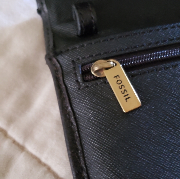 Fossil Leather Wallet Large Black Pebbled Leather Wallet Aged Brass Clutch - Picture 7 of 11